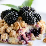 Blackberry dumplings served warm in a white bowl with vanilla ice cream melting on top