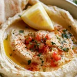 Hummus recipe served in a shallow bowl with olive oil drizzle and paprika garnish