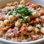 Pasta fagioli served in a deep bowl with beans, pasta, and tomato broth topped with Parmesan and fresh herbs
