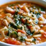 Minestrone soup recipe served in a rustic bowl with vegetables, beans, and pasta in rich tomato broth