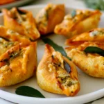 Pumpkin and Gouda stuffed shells arranged on a white plate with brown butter sage sauce drizzled on top