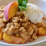 Peach crisp with fresh peaches served in a white dish with golden topping and bubbling fruit filling