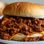 Sloppy joe recipe served on a toasted hamburger bun with seasoned ground beef in tangy tomato sauce