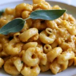 Pumpkin mac and cheese served in a white bowl with fresh herbs and black pepper garnish