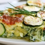 Zucchini casserole with golden melted cheese and fresh herbs on a white plate