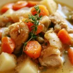 Autumn chicken stew in a rustic bowl with butternut squash and herbs on a wooden table
