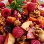 Fall fruit salad with apples, pears, pomegranate, and grapes in a white serving bowl with maple cinnamon dressing