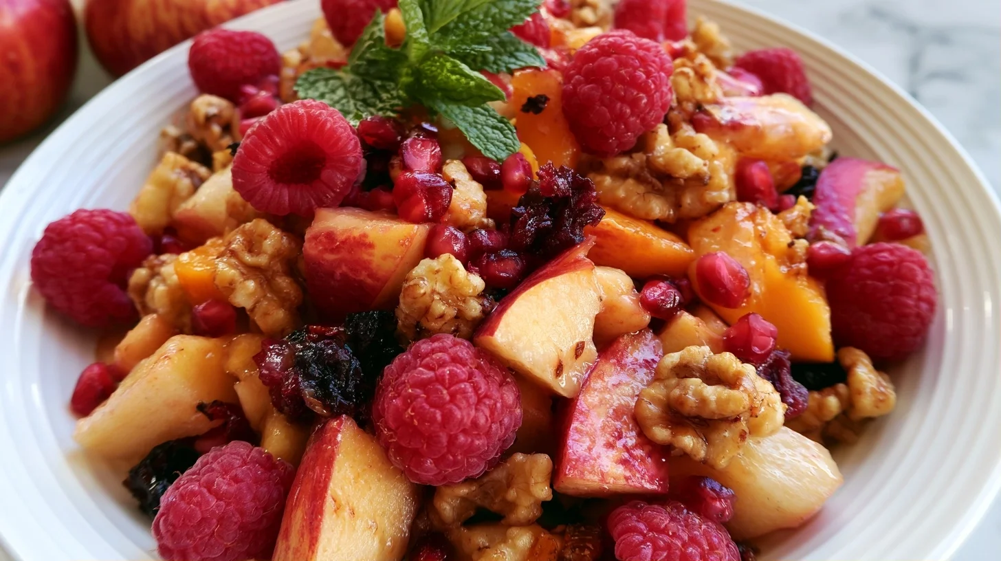 Fall fruit salad with apples, pears, pomegranate, and grapes in a white serving bowl with maple cinnamon dressing