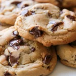 Toll house cookie recipe showing golden brown chocolate chip cookies with crispy edges on a white plate