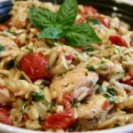 One pot chicken and orzo with golden seared chicken thighs and tender orzo in a skillet