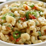 Hatch chili mac and cheese served in a white bowl with creamy cheese sauce and roasted green chiles