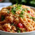 Mexican rice recipe served in a white bowl with cilantro garnish and lime wedges on a colorful table