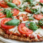 Gluten free pizza crust topped with melted cheese and fresh basil on a wooden board