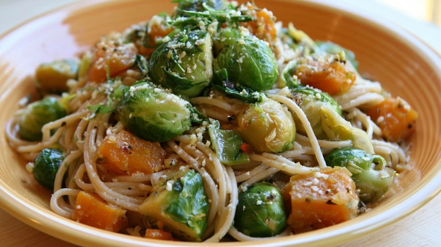 Brussels Sprouts, Butternut Squash Pasta plated in a white bowl with caramelized vegetables and sage leaves