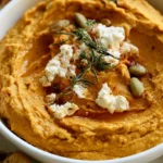 Pumpkin whipped feta dip in a shallow bowl drizzled with olive oil and garnished with pepitas and fresh thyme