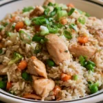 Chicken fried rice recipe served in a white bowl with chopsticks on a wooden table