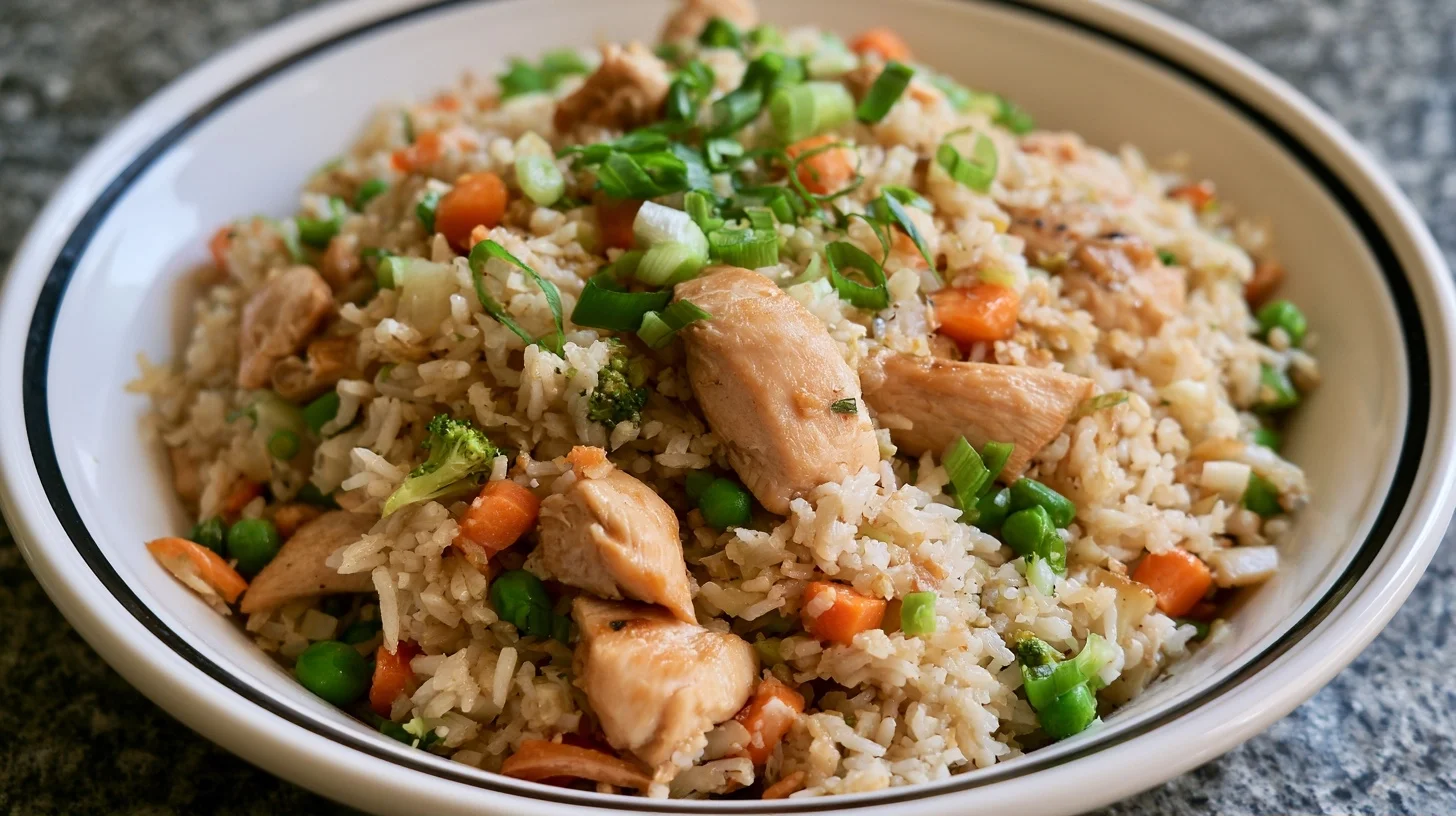 Chicken fried rice recipe served in a white bowl with chopsticks on a wooden table