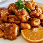 Orange chicken recipe showing crispy golden chicken pieces coated in glossy orange sauce on a white plate