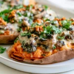 Mushroom Stuffed Sweet Potatoes with golden crispy skins filled with creamy mushroom mixture on white plate
