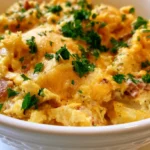 Dolly Parton 5-ingredient casserole with golden melted cheese on top served in a white baking dish