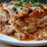 Crockpot lasagna recipe with layers of tender noodles, meat sauce, and melted cheese served on a white plate