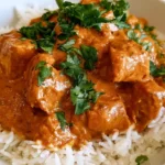 Butter chicken recipe served in a white bowl with rice and garnished with fresh cilantro