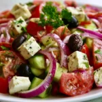 Greek salad recipe with chunky tomatoes, cucumbers, bell peppers, red onion, Kalamata olives, and thick feta slabs on a white platter
