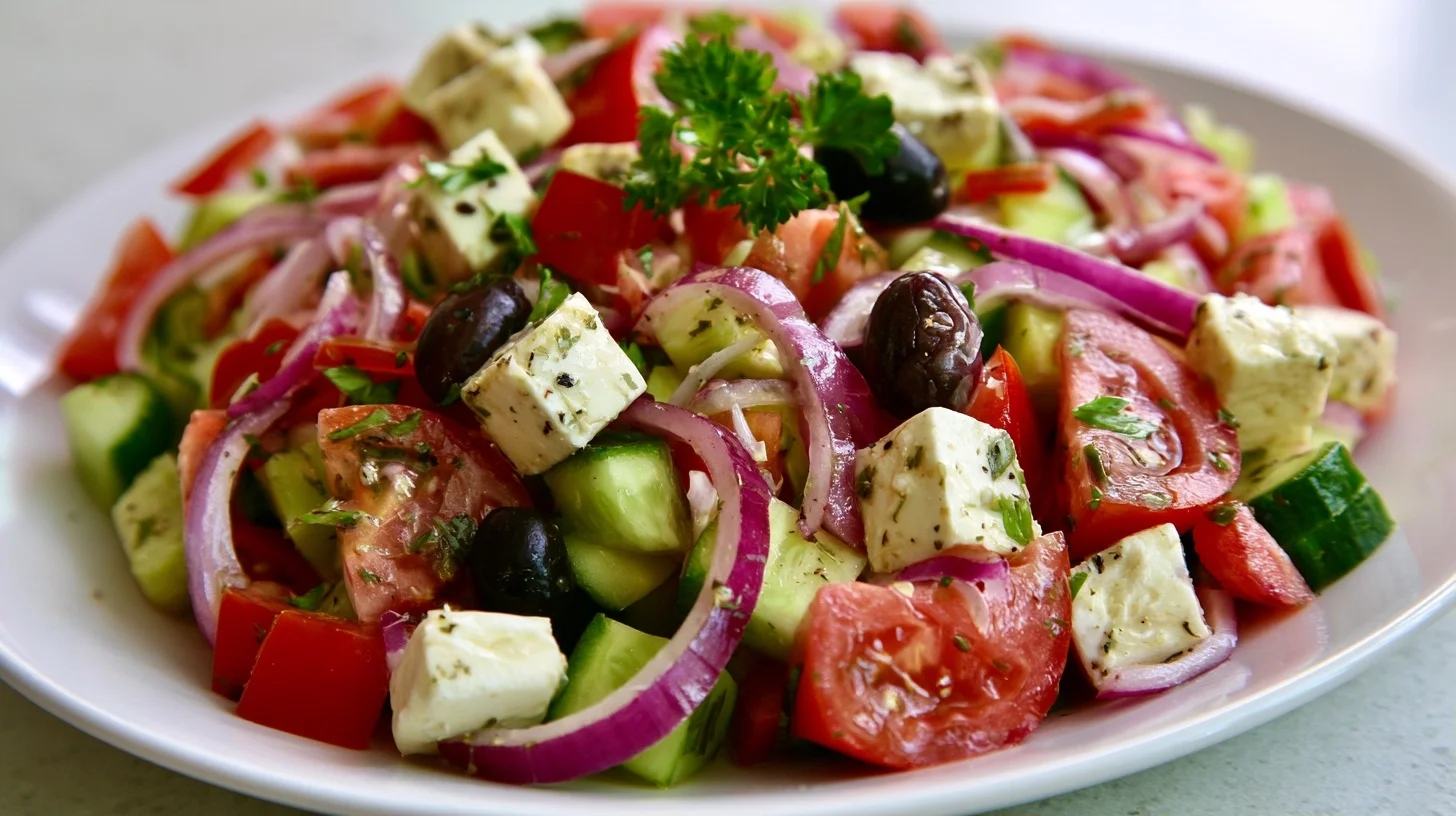 Greek salad recipe with chunky tomatoes, cucumbers, bell peppers, red onion, Kalamata olives, and thick feta slabs on a white platter