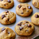 Brown Butter Pumpkin Chocolate Chip Cookies stacked on a white plate with melted chocolate chips visible