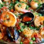 Paella recipe in traditional pan with golden saffron rice, shrimp, mussels, and chicken on rustic table