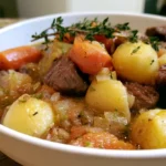 One-Pot Autumn Beef Stew in a rustic bowl with tender beef chunks and colorful root vegetables