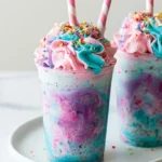 Unicorn frappuccino in a clear glass with pink and blue color swirls, topped with whipped cream and colorful powder