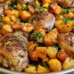 Autumn harvest chicken skillet with golden chicken thighs, butternut squash, and apples on a rustic table