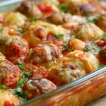 Dump and bake meatball casserole with melted mozzarella and fresh basil on a white plate