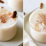 Horchata recipe served in tall glasses over ice with cinnamon sticks