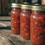 Shoot a stunning arrangement of three or four sealed mason jars of vibrant deep-red chunky salsa lined up on a rustic farmhouse wooden surface — visible tomato chunks, green cilantro flecks, and jalapeño pieces glowing through the glass in warm natural light with perfectly sealed lids catching a beautiful gleam.
