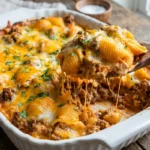 a bubbling, gloriously golden-topped meatloaf and cheddar shells casserole straight from the oven in a wide ceramic or cast iron baking dish — deeply melted cheddar cheese with caramelized edges pulling away dramatically, visible savory meatloaf crumbles and cheesy shell pasta peeking through the bubbling cheese blanket, and a large wooden spoon mid-scoop revealing the incredibly hearty, saucy interior below.