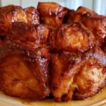 Monkey bread with golden caramel glaze on white serving plate