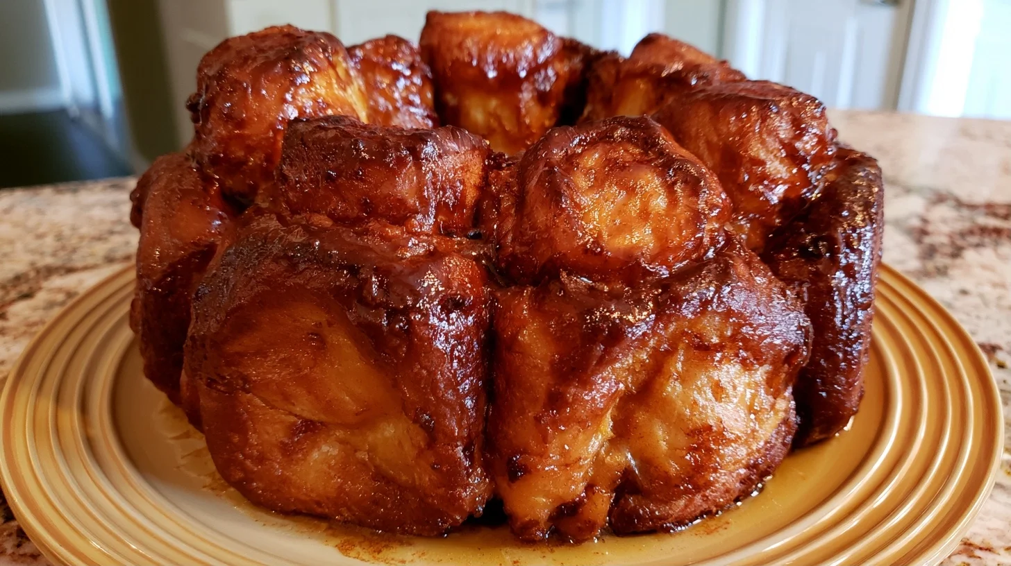 Monkey bread with golden caramel glaze on white serving plate