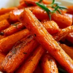 Roasted carrots recipe with caramelized golden edges on a white serving platter garnished with fresh parsley