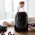 Elderberry syrup recipe finished in amber glass bottle with deep purple color and fresh elderberries