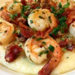 Shrimp and grits served in a shallow bowl with creamy grits, tender shrimp, and a rich bacon sauce