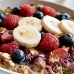 Baked oatmeal sliced into squares on a white plate with fresh berries and a drizzle of maple syrup