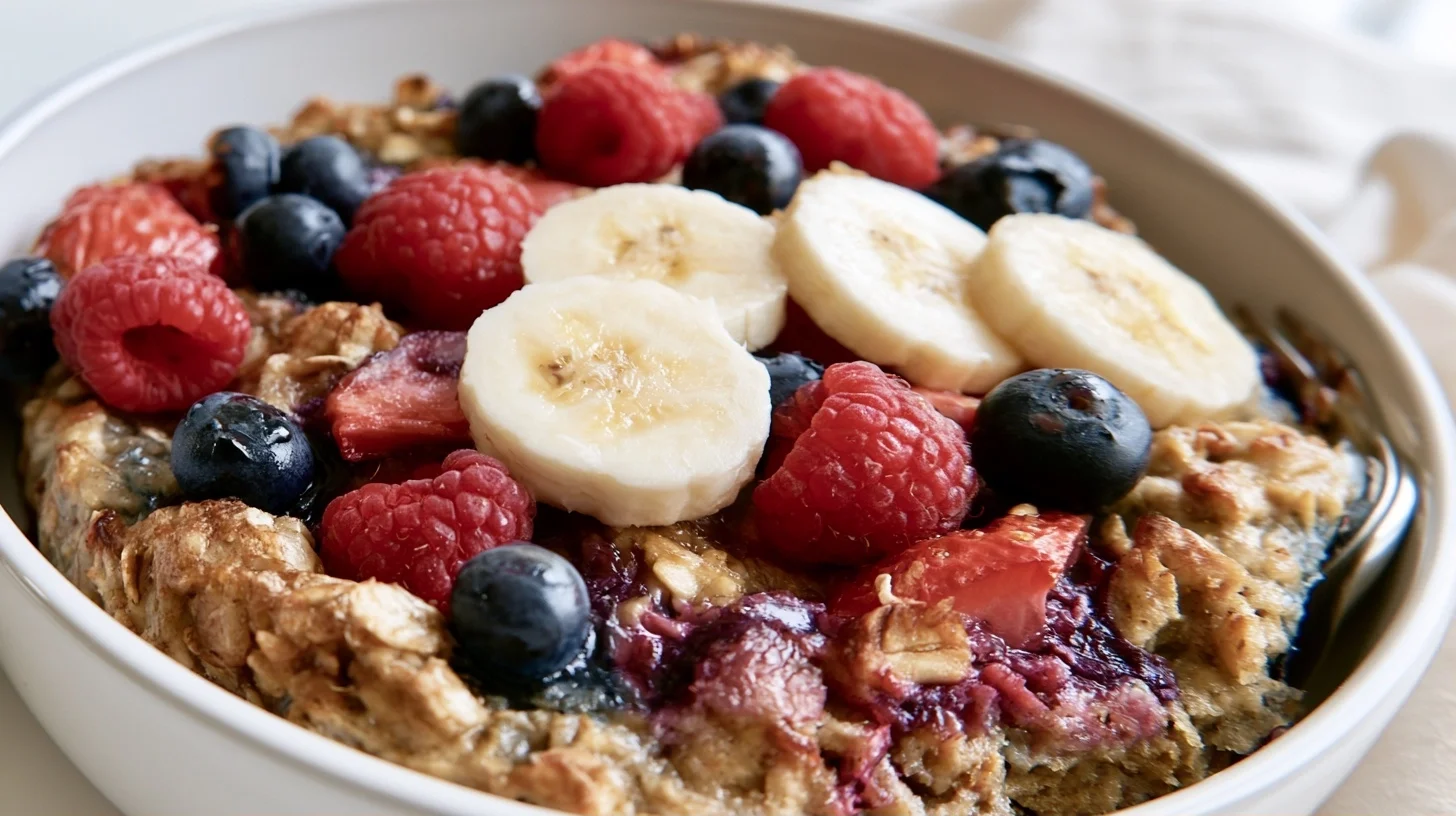 Baked oatmeal sliced into squares on a white plate with fresh berries and a drizzle of maple syrup