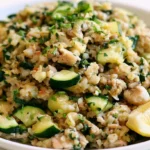 Ground Chicken Zucchini Rice Skillet served in a large pan with golden chicken, tender zucchini, and fluffy rice
