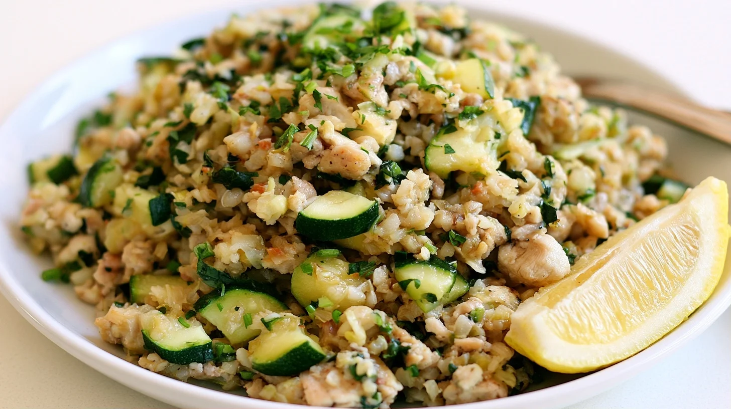 Ground Chicken Zucchini Rice Skillet served in a large pan with golden chicken, tender zucchini, and fluffy rice