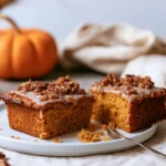 Pumpkin coffee cake slice on white plate showing moist crumb and golden cinnamon streusel topping