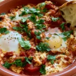 Shakshuka with poached eggs in spiced tomato sauce garnished with fresh cilantro in a cast iron skillet
