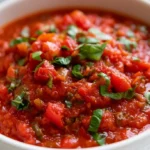 Marinara sauce in a white bowl with fresh basil garnish and crusty bread on the side