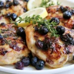 Blueberry Thyme Chicken plated with glossy blueberry sauce and fresh thyme garnish